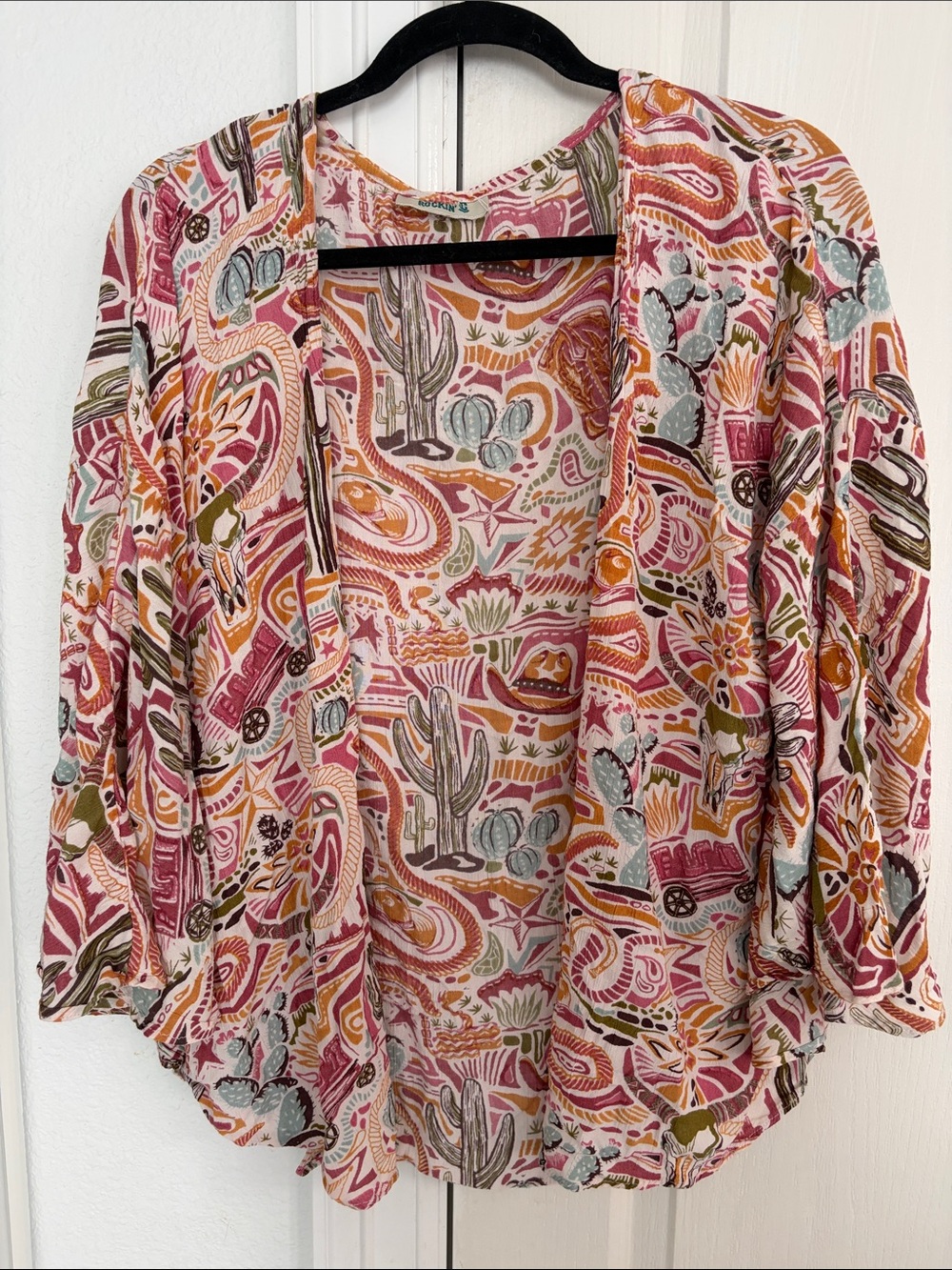 Western Cowboy Boot Rodeo Cactus Multi-Color Light Kimono Cardigan OS